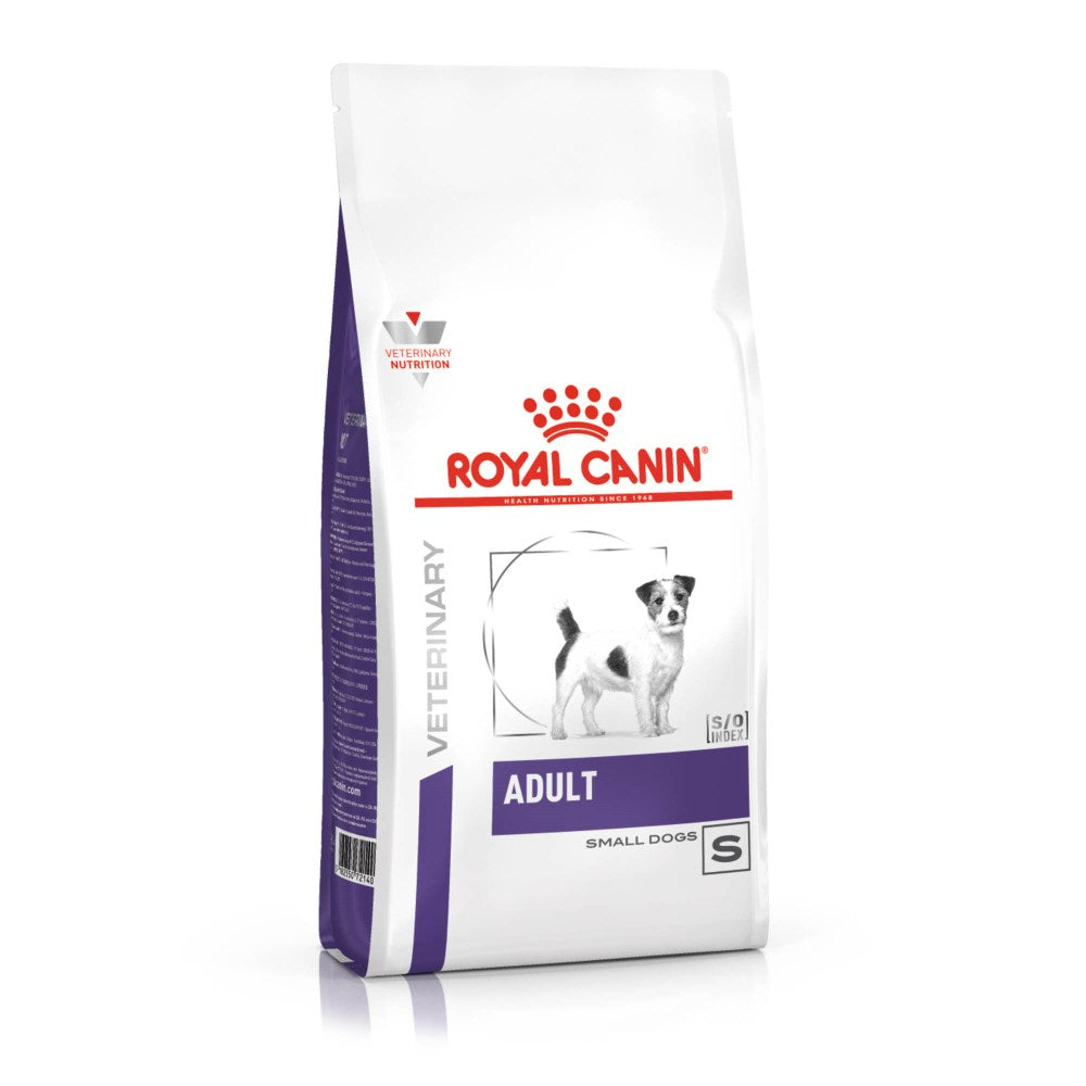 Royal Canin Veterinary Diet bag for adult small dogs on a white background