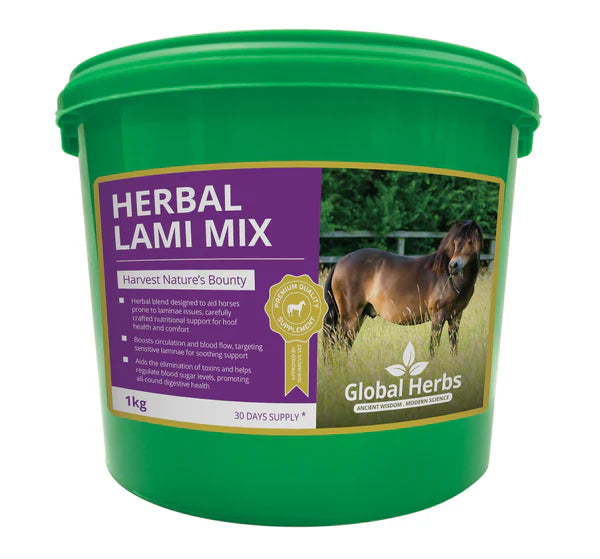 Green bucket of Herbal Lami Mix with a horse on the label, branded as Global Herbs.