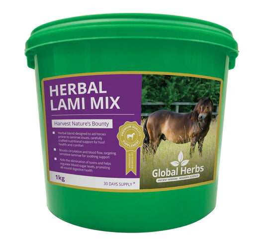 Green bucket of Herbal Lami Mix with a horse on the label, branded as Global Herbs.