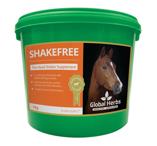 Green container of 'Shakefree' head shaker supplement for horses by Global Herbs on a white background