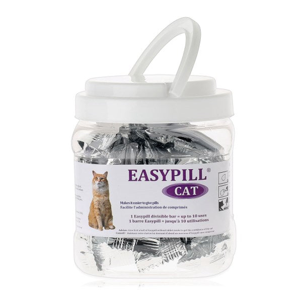 Jar of Easypill Cat medication with a white lid on a white background