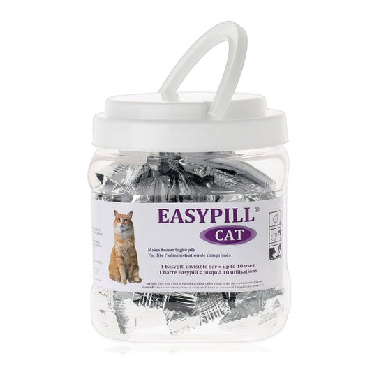 Jar of Easypill Cat medication with a white lid on a white background