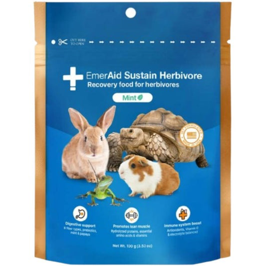 Blue package of EmerAid Sustain Herbivore Recovery food for herbivores with images of a rabbit, tortoise, and guinea pig.