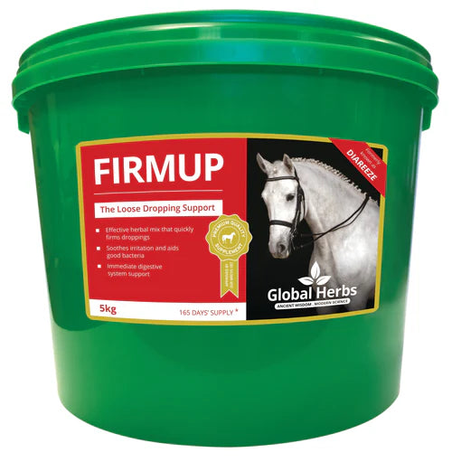 Green bucket of Firmup by Global Herbs for horses on a white background