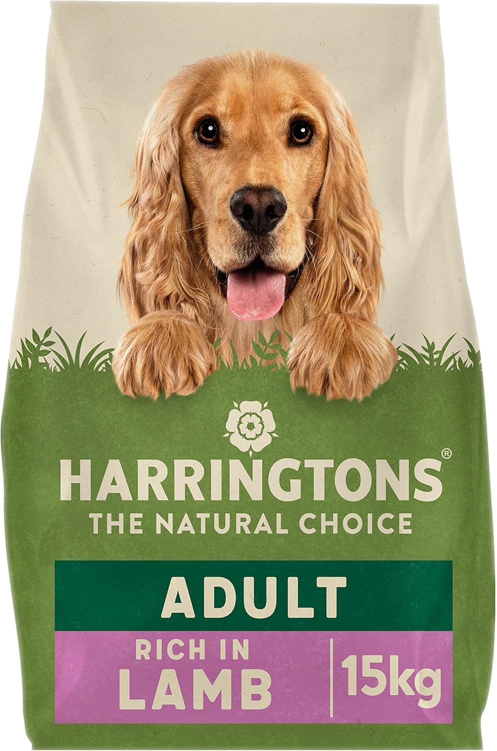 Harringtons dog food bag with a golden retriever on a white background