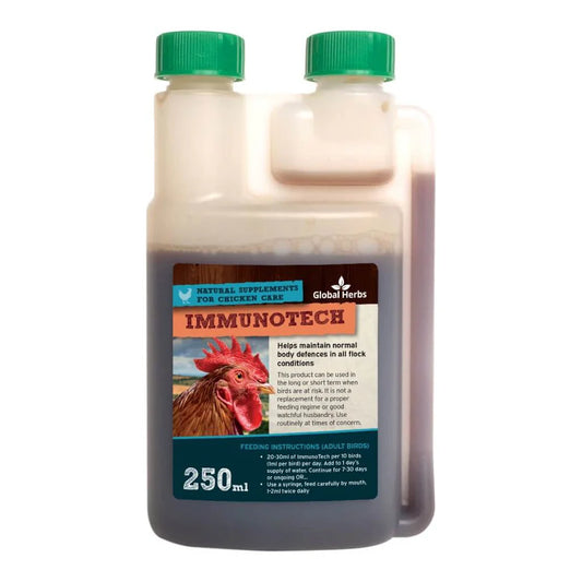 Bottle of Global Herbs Immunotech supplement for chickens on a white background