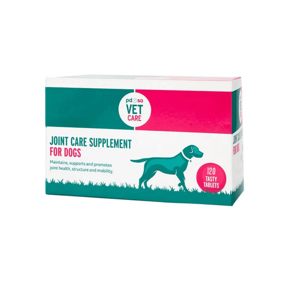 Box of joint care supplement for dogs with a green and pink design on a white background